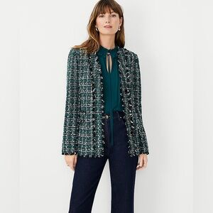🔥🔥🔥NEW Ann Taylor Green Shimmer Tweed V-Neck Cardigan Jacket Size 6